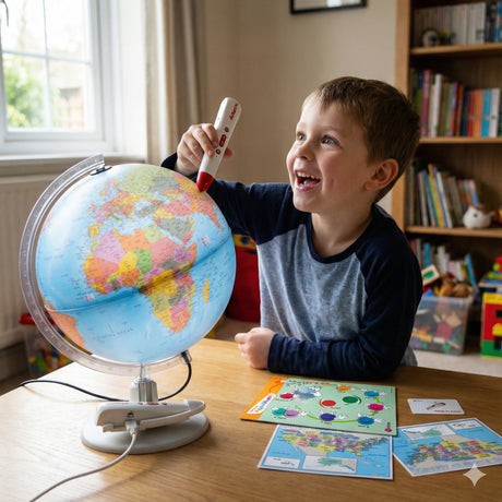 Child playing with a globe and educational materials on a table in a room with books and toys.