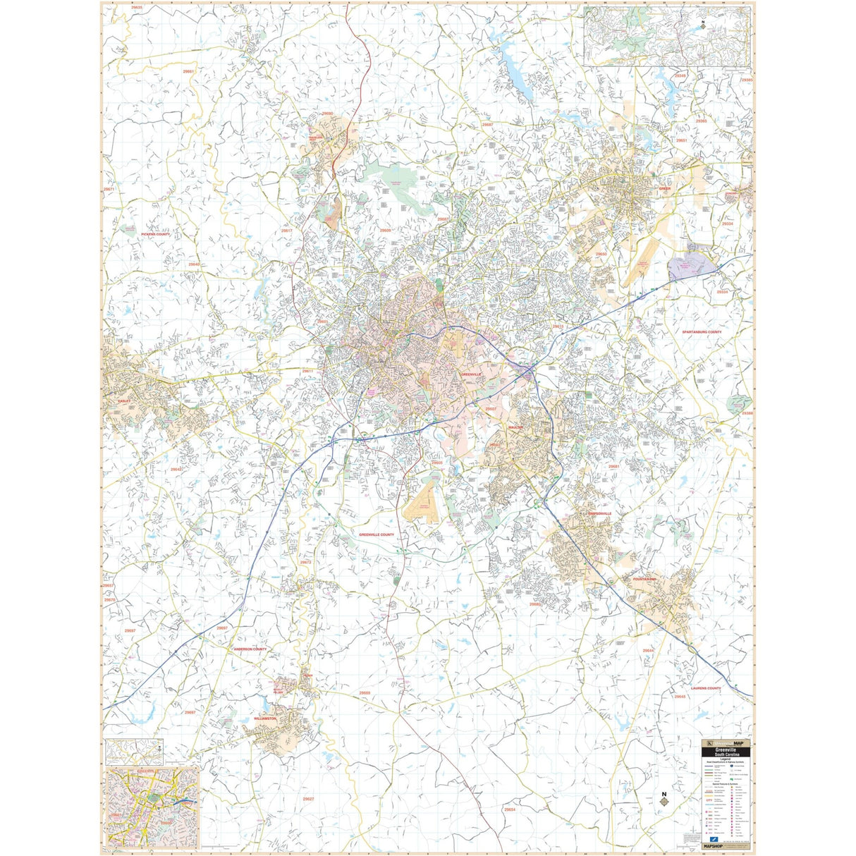 Greenville, SC Wall Map - KA-C-SC-GREENVILLE-PAPER - Ultimate Globes