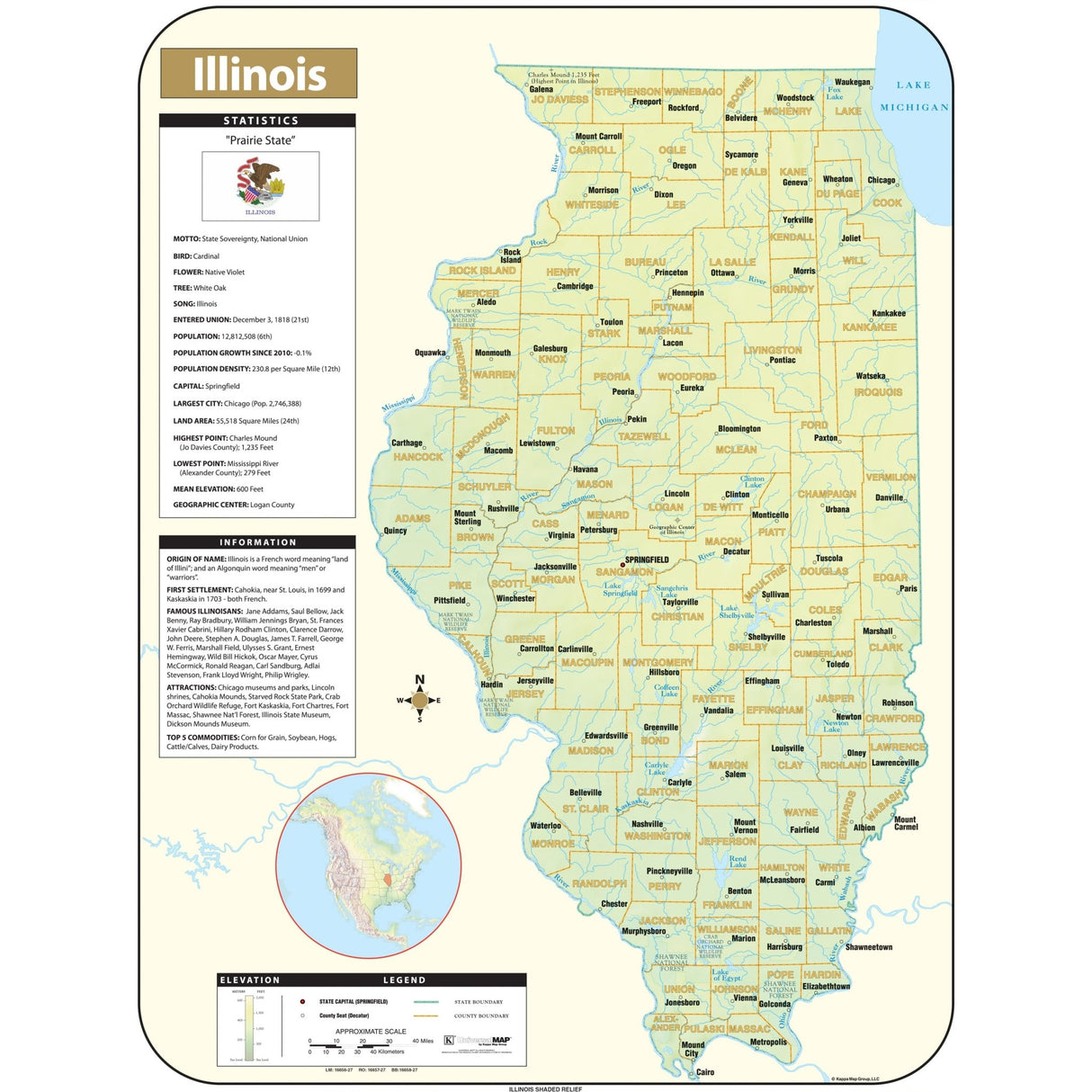 Illinois Shaded Relief State Wall Map - KA-S-IL-SHR-29X38-PAPER - Ultimate Globes