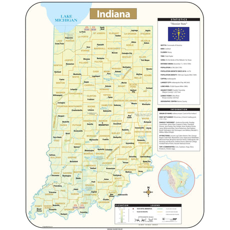 Indiana Shaded Relief State Wall Map - Ultimate Globes - POD - KA - S - IN - SHR - 30X38 - PAPER - Ultimate Globes