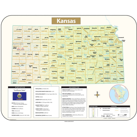Kansas Shaded Relief State Wall Map - KA-S-KS-SHR-38X30-PAPER - Ultimate Globes