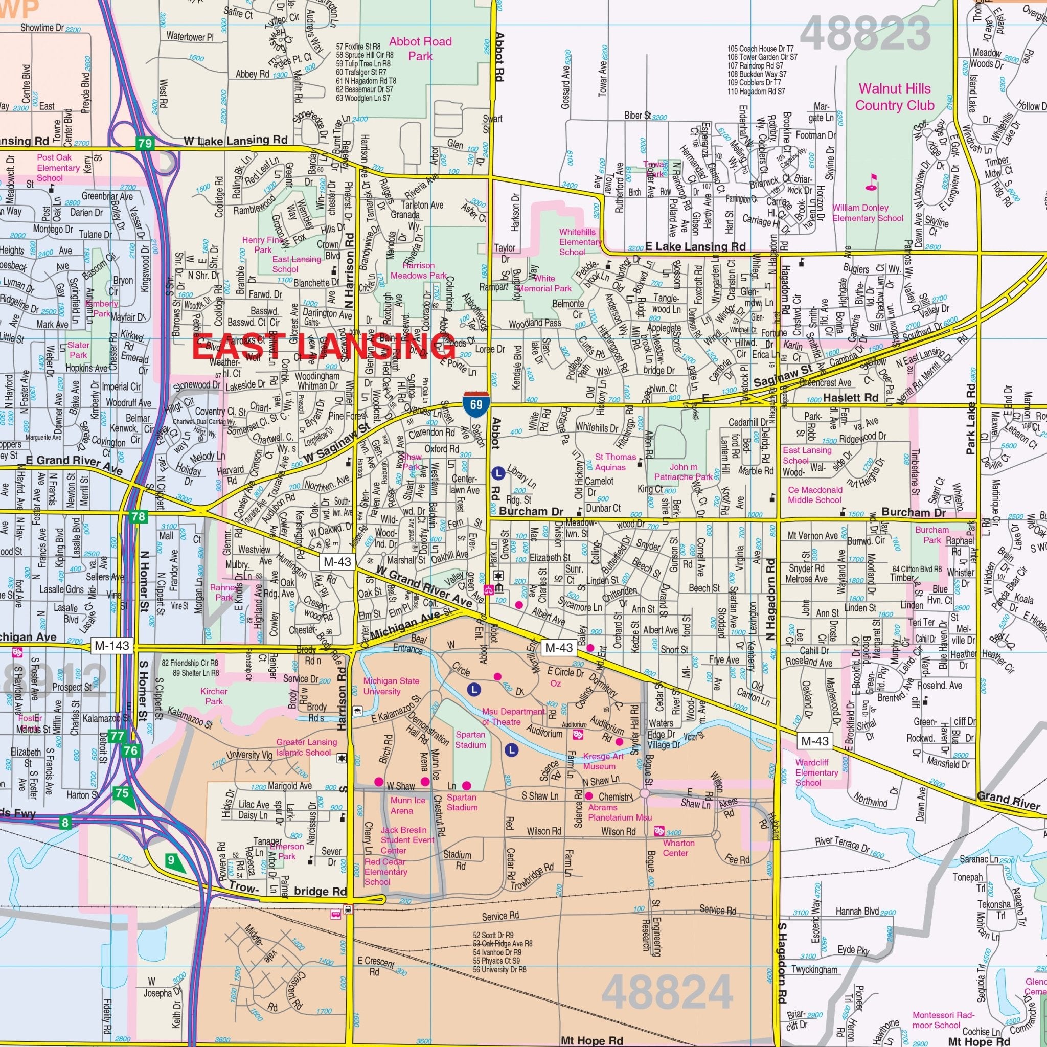 East Lansing Michigan County Map Lansing Mi Wall Map 954971 