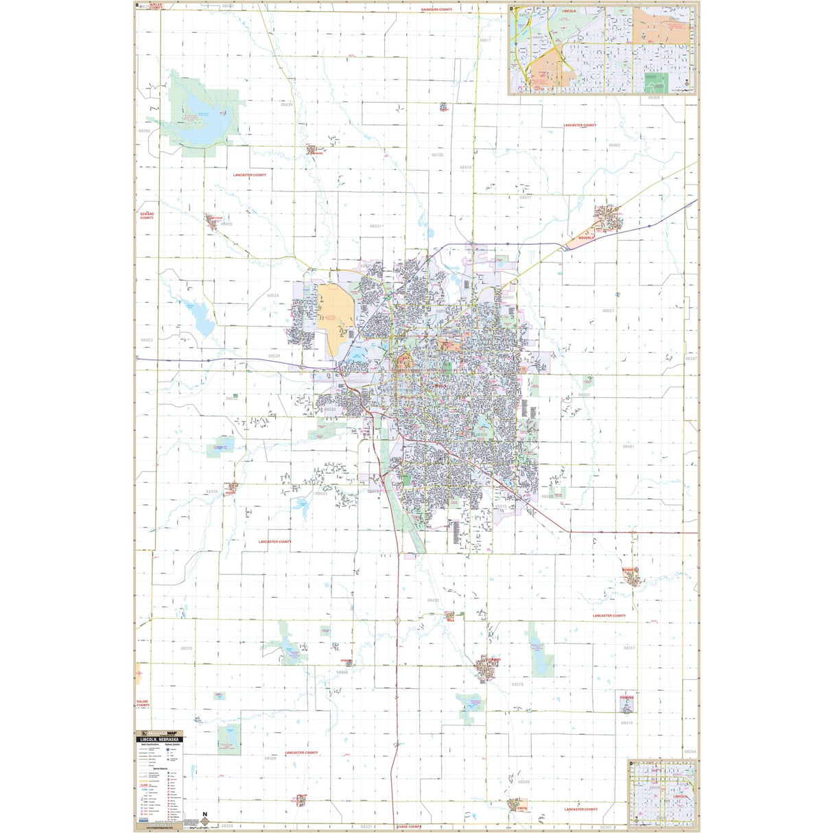 Lincoln, NE Wall Map - Ultimate Globes - POD - KA - C - NE - LINCOLN - PAPER - Ultimate Globes