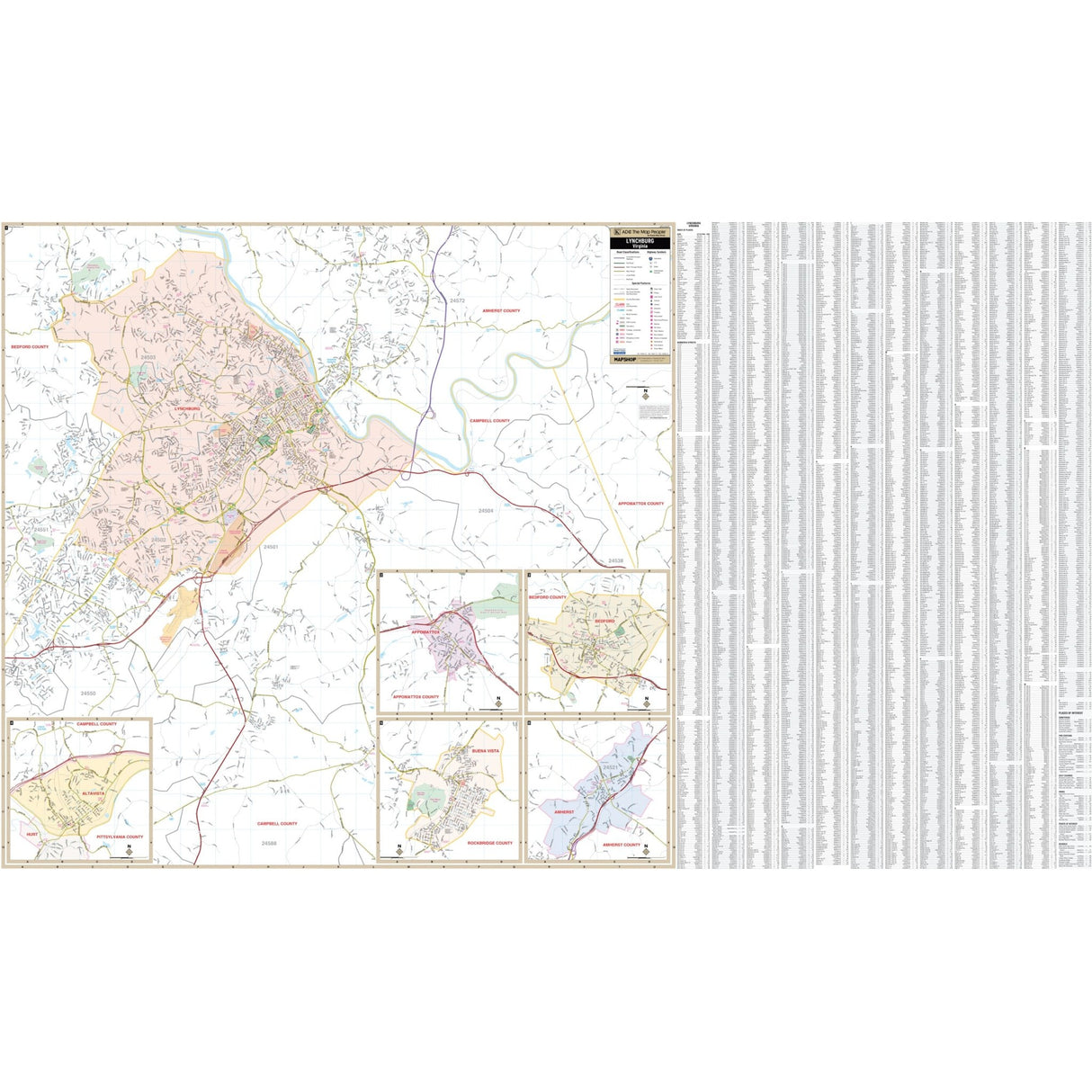 Lynchburg, VA Wall Map - KA-C-VA-LYNCHBURG-PAPER - Ultimate Globes