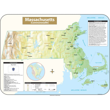 Massachusetts Shaded Relief State Wall Map - Ultimate Globes - POD - KA - S - MA - SHR - 38X28 - PAPER - Ultimate Globes