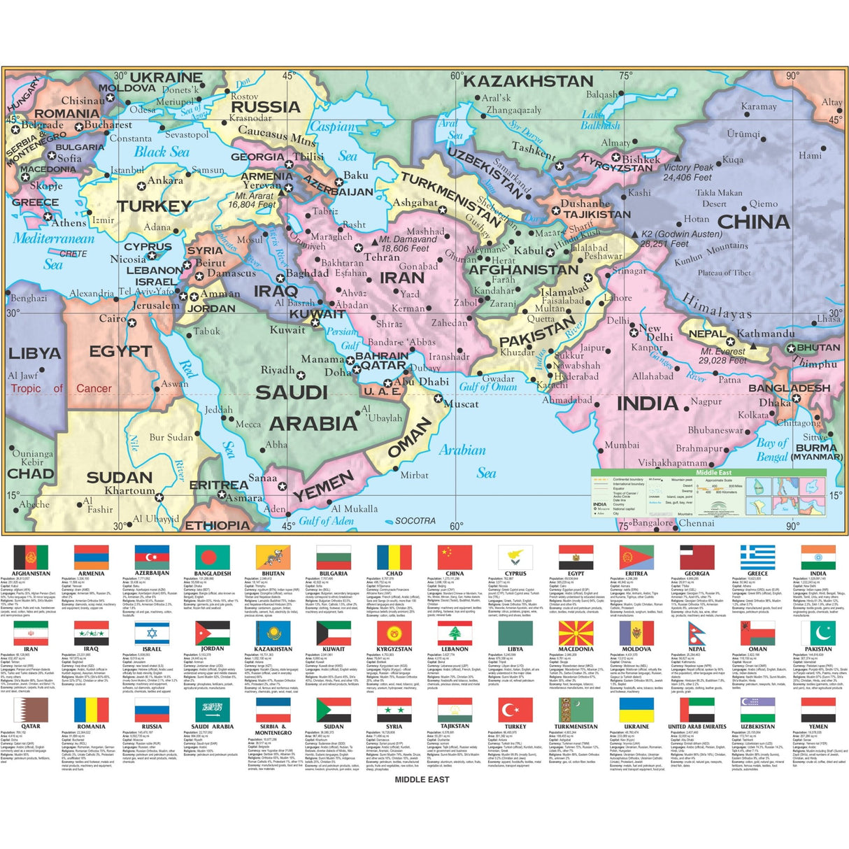 Middle East Essential Wall Map - KA-MIDEAST-ESSTL-49X42-PAPER - Ultimate Globes