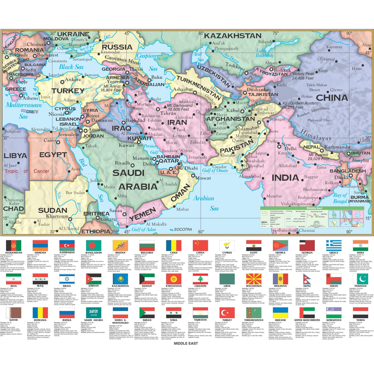 Middle East Essential Wall Map - Ultimate Globes - POD - KA - MIDEAST - ESSTL - 49X42 - PAPER - Ultimate Globes