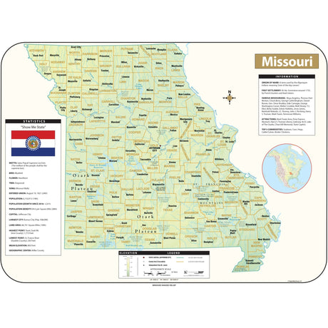 Missouri Shaded Relief State Wall Map - Ultimate Globes - POD - KA - S - MO - SHR - 38X28 - PAPER - Ultimate Globes