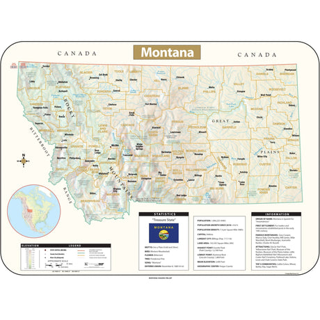 Montana Shaded Relief State Wall Map - Ultimate Globes - POD - KA - S - MT - SHR - 38X28 - PAPER - Ultimate Globes