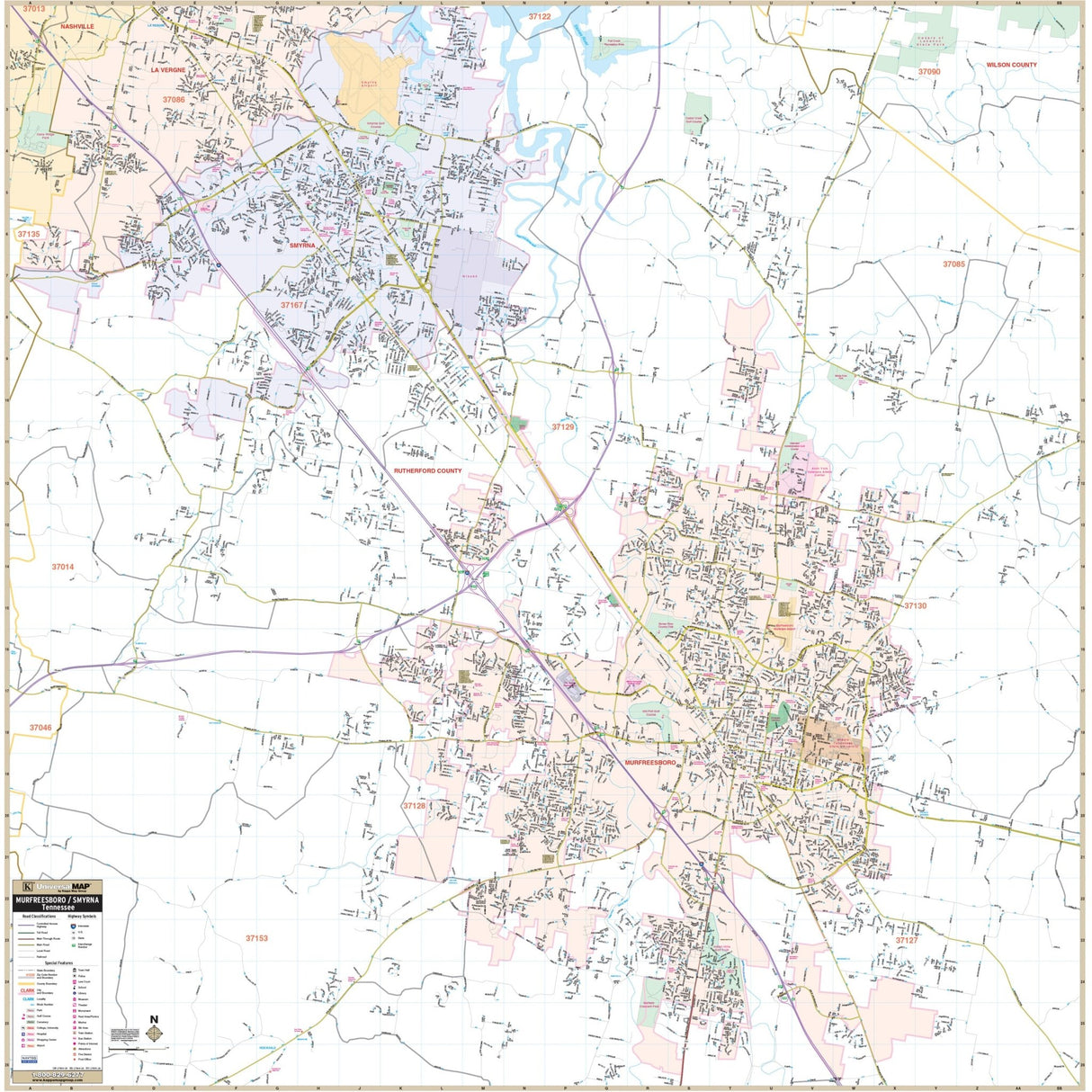 Murfreesboro & Smyrna, TN Wall Map - Ultimate Globes - POD - KA - C - TN - MURFREESBORO - PAPER - Ultimate Globes