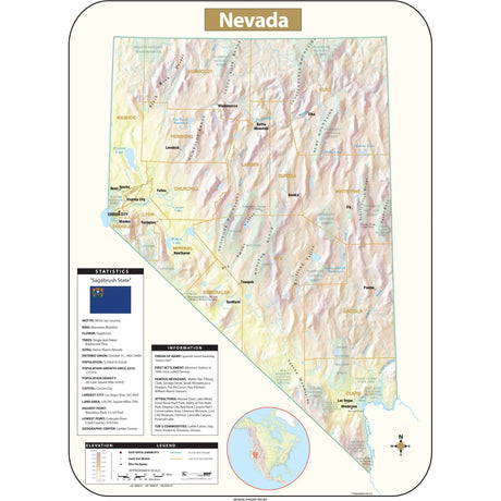 Nevada Shaded Relief State Wall Map - Ultimate Globes - POD - KA - S - NV - SHR - 28X38 - PAPER - Ultimate Globes