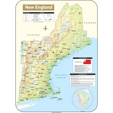 New England Shaded Relief Regional Wall Map - Ultimate Globes - POD - KA - R - NEWENGLAND - SHR - 28X38 - PAPER - Ultimate Globes