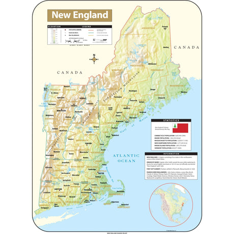 New England Shaded Relief Regional Wall Map - KA-R-NEWENGLAND-SHR-28X38-PAPER - Ultimate Globes
