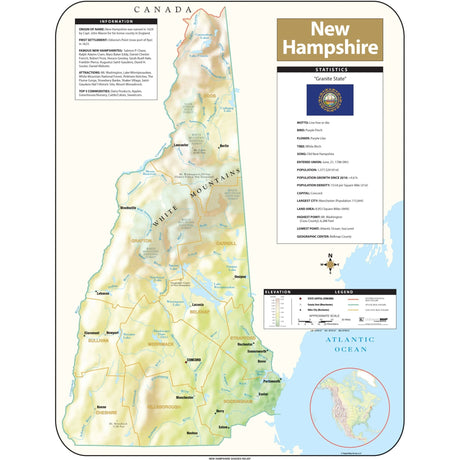 New Hampshire Shaded Relief State Wall Map - Ultimate Globes - POD - KA - S - NH - SHR - 29X38 - PAPER - Ultimate Globes