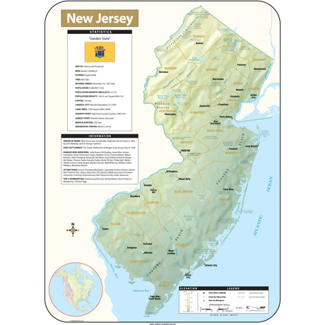 New Jersey Shaded Relief State Wall Map - Ultimate Globes - POD - KA - S - NJ - SHR - 28X38 - PAPER - Ultimate Globes