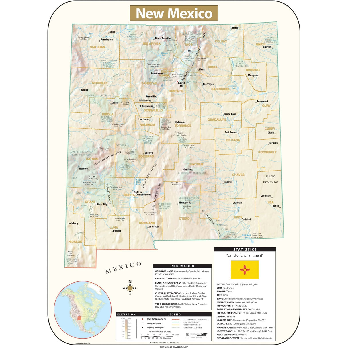 New Mexico Shaded Relief State Wall Map - KA-S-NM-SHR-28X38-PAPER - Ultimate Globes