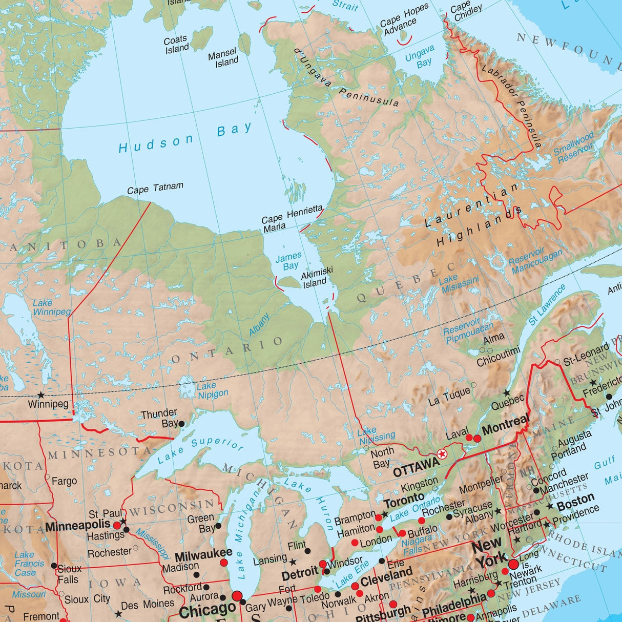 North America Advanced Physical Wall Map - KA-NAM-ADV-PHY-46X42-PAPER - Ultimate Globes