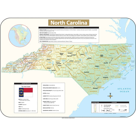 North Carolina Shaded Relief State Wall Map - Ultimate Globes - POD - KA - S - NC - SHR - 38X28 - PAPER - Ultimate Globes