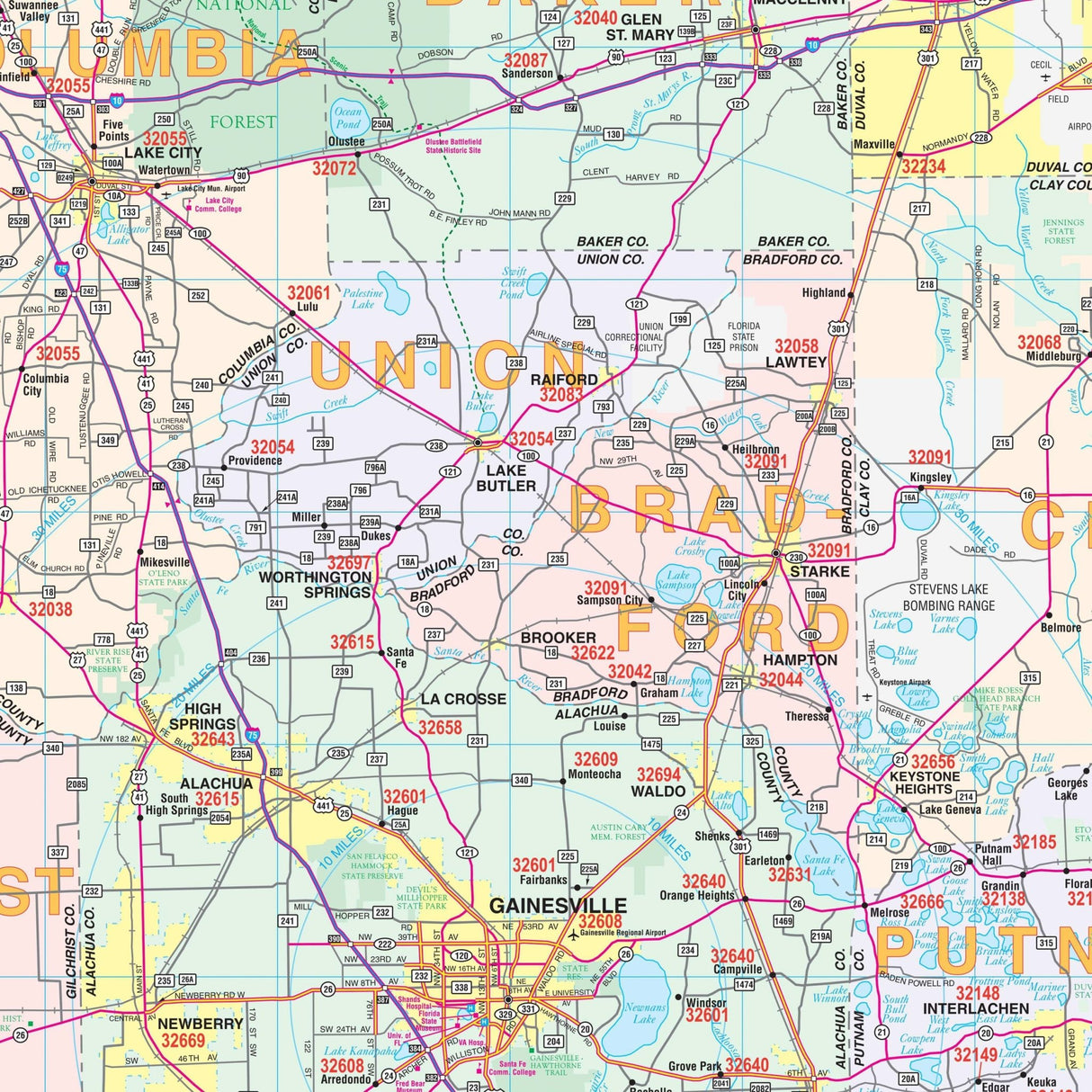 Northeast Florida Regional Wall Map - KA-R-FL-NORTHEAST-PAPER - Ultimate Globes