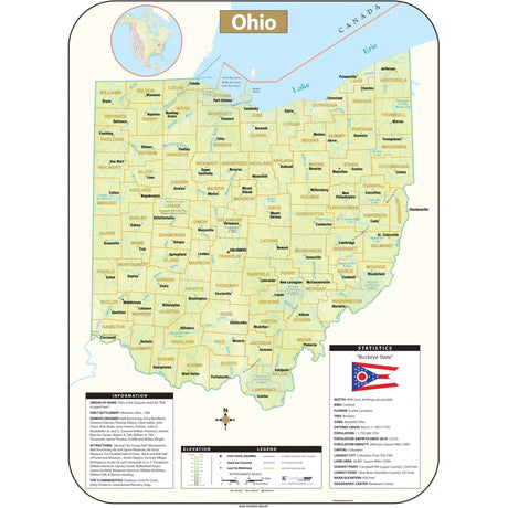 Ohio Shaded Relief State Wall Map - Ultimate Globes - POD - KA - S - OH - SHR - 28X38 - PAPER - Ultimate Globes