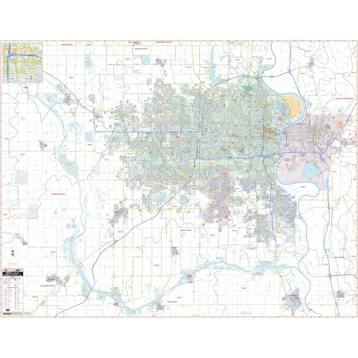 Omaha, NE & Council Bluffs, IA Wall Map - KA-C-NE-OMAHA-PAPER - Ultimate Globes