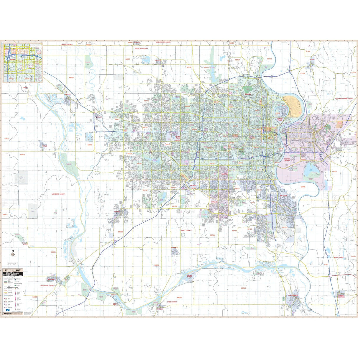 Omaha, NE & Council Bluffs, IA Wall Map - Ultimate Globes - POD - KA - C - NE - OMAHA - PAPER - Ultimate Globes