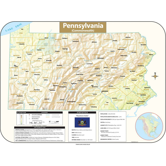 Pennsylvania Shaded Relief State Wall Map - KA-S-PA-SHR-38X28-PAPER - Ultimate Globes