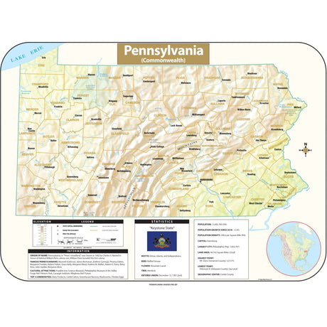 Pennsylvania Shaded Relief State Wall Map - Ultimate Globes - POD - KA - S - PA - SHR - 38X28 - PAPER - Ultimate Globes