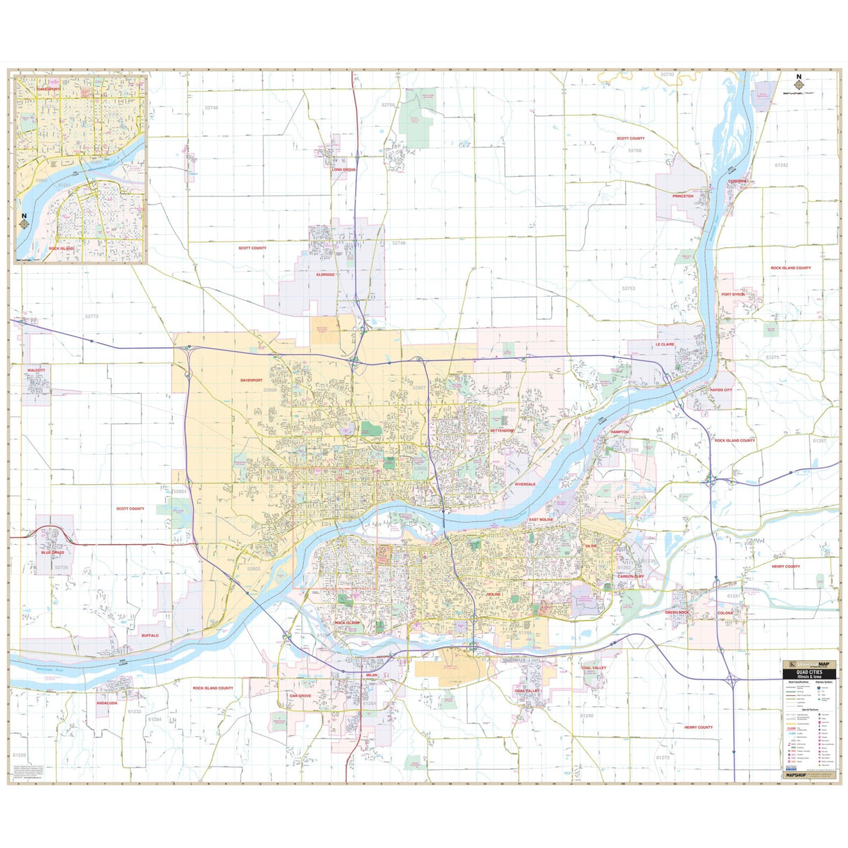 Quad Cities, IA Wall Map - KA-C-IA-QUADCITIES-PAPER - Ultimate Globes