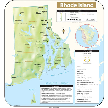 Rhode Island Shaded Relief State Wall Map - Ultimate Globes - POD - KA - S - RI - SHR - 35X38 - PAPER - Ultimate Globes