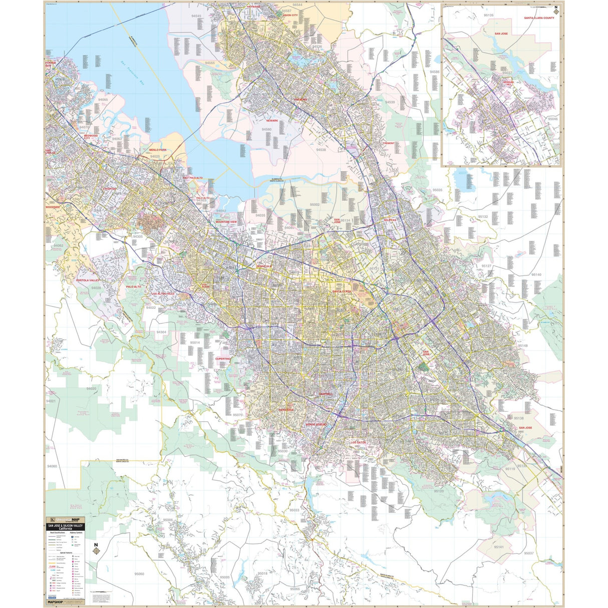 San Jose & Silicon Valley, CA Wall Map - Ultimate Globes - POD - KA - C - CA - SANJOSE - PAPER - Ultimate Globes