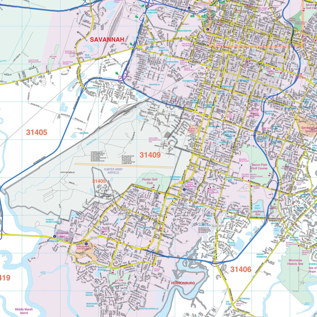 Savannah & Chatham County, GA Wall Map - KA-C-GA-SAVANNAH-PAPER - Ultimate Globes