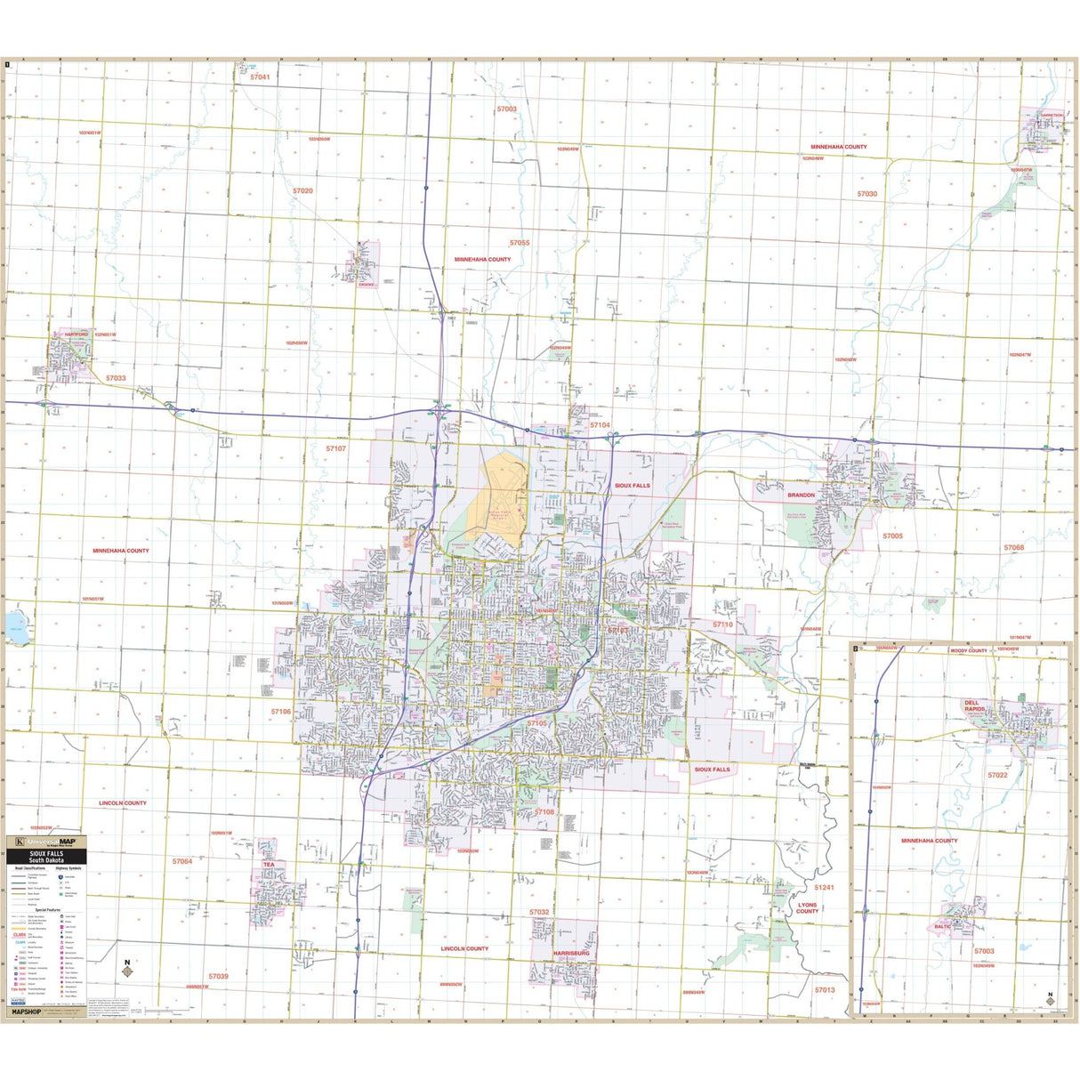 Sioux Falls, SD Wall Map - KA-C-SD-SIOUXFALLS-PAPER - Ultimate Globes