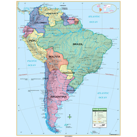 South America Primary Wall Map - Ultimate Globes - POD - KA - SAM - PRMRY - 42X53 - PAPER - Ultimate Globes