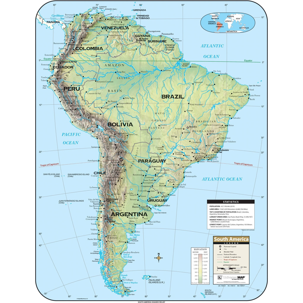 South America Shaded Relief Wall Map - KA-SAM-SHR-29X38-PAPER - Ultimate Globes
