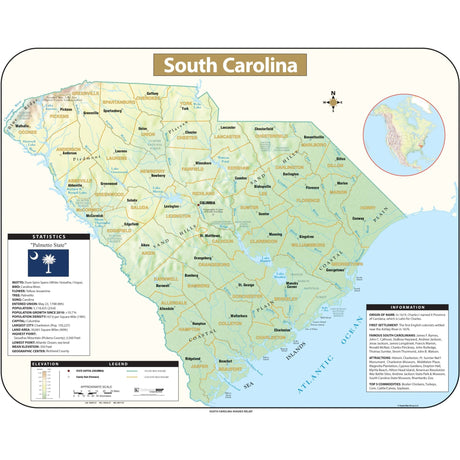 South Carolina Shaded Relief State Wall Map - Ultimate Globes - POD - KA - S - SC - SHR - 38X30 - PAPER - Ultimate Globes