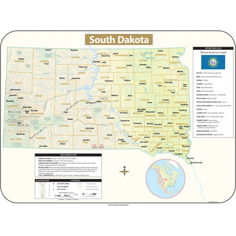 South Dakota Shaded Relief State Wall Map - Ultimate Globes - POD - KA - S - SD - SHR - 38X28 - PAPER - Ultimate Globes