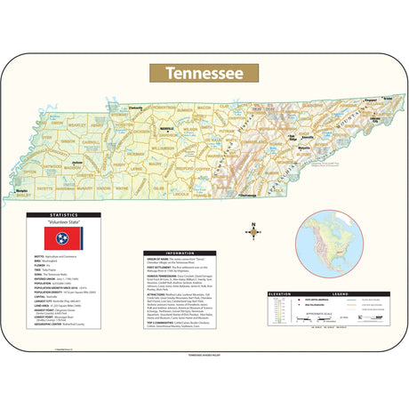 Tennessee Shaded Relief State Wall Map - Ultimate Globes - POD - KA - S - TN - SHR - 38X28 - PAPER - Ultimate Globes