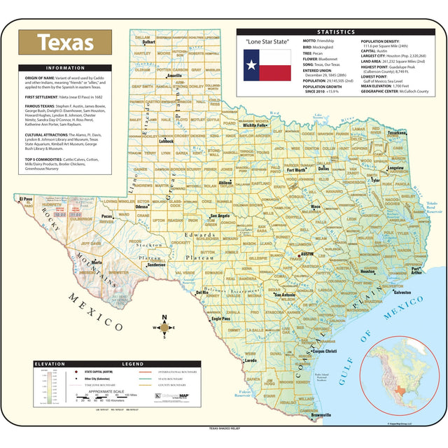 Texas Shaded Relief State Wall Map - KA-S-TX-SHR-38X34-PAPER - Ultimate Globes