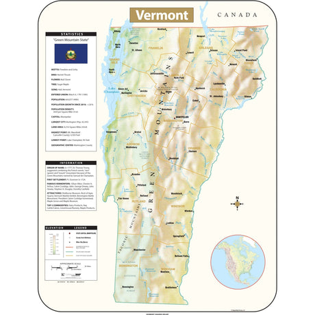 Vermont Shaded Relief State Wall Map - Ultimate Globes - POD - KA - S - VT - SHR - 29X38 - PAPER - Ultimate Globes