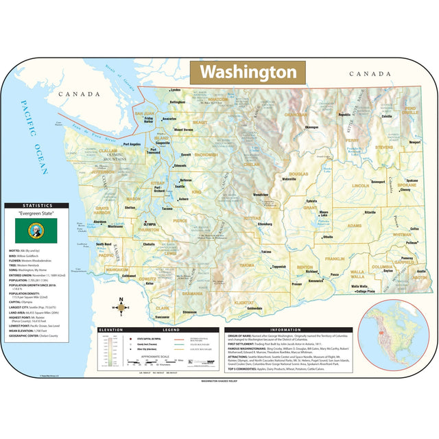 Washington Shaded Relief State Wall Map - Ultimate Globes - POD - KA - S - WA - SHR - 38X28 - PAPER - Ultimate Globes