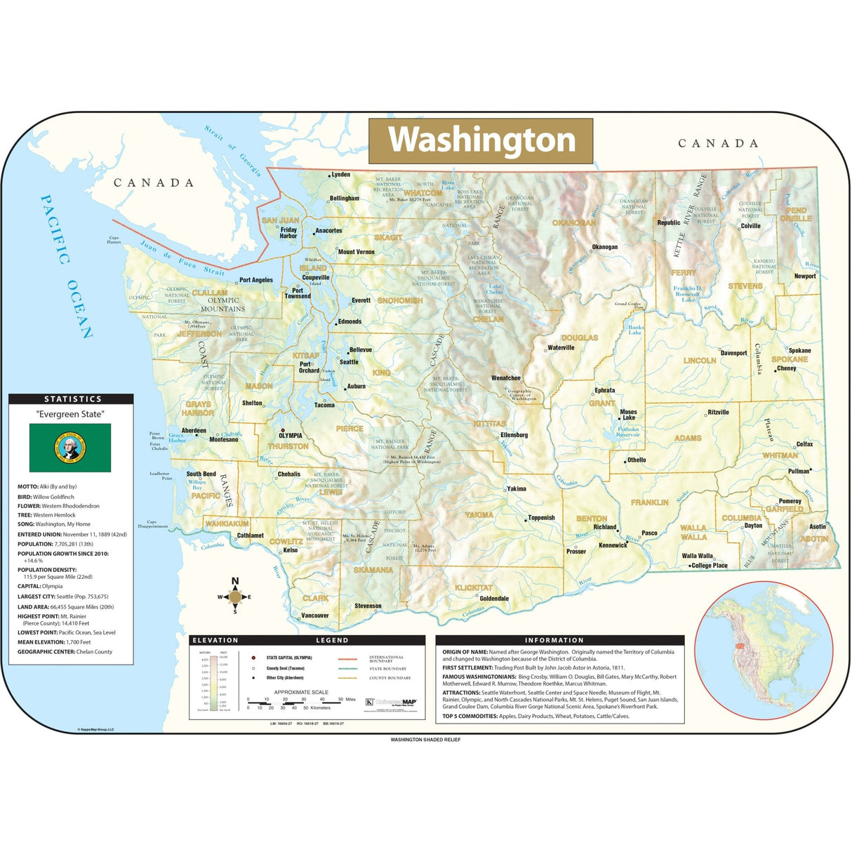 Washington Shaded Relief State Wall Map - KA-S-WA-SHR-38X28-PAPER - Ultimate Globes