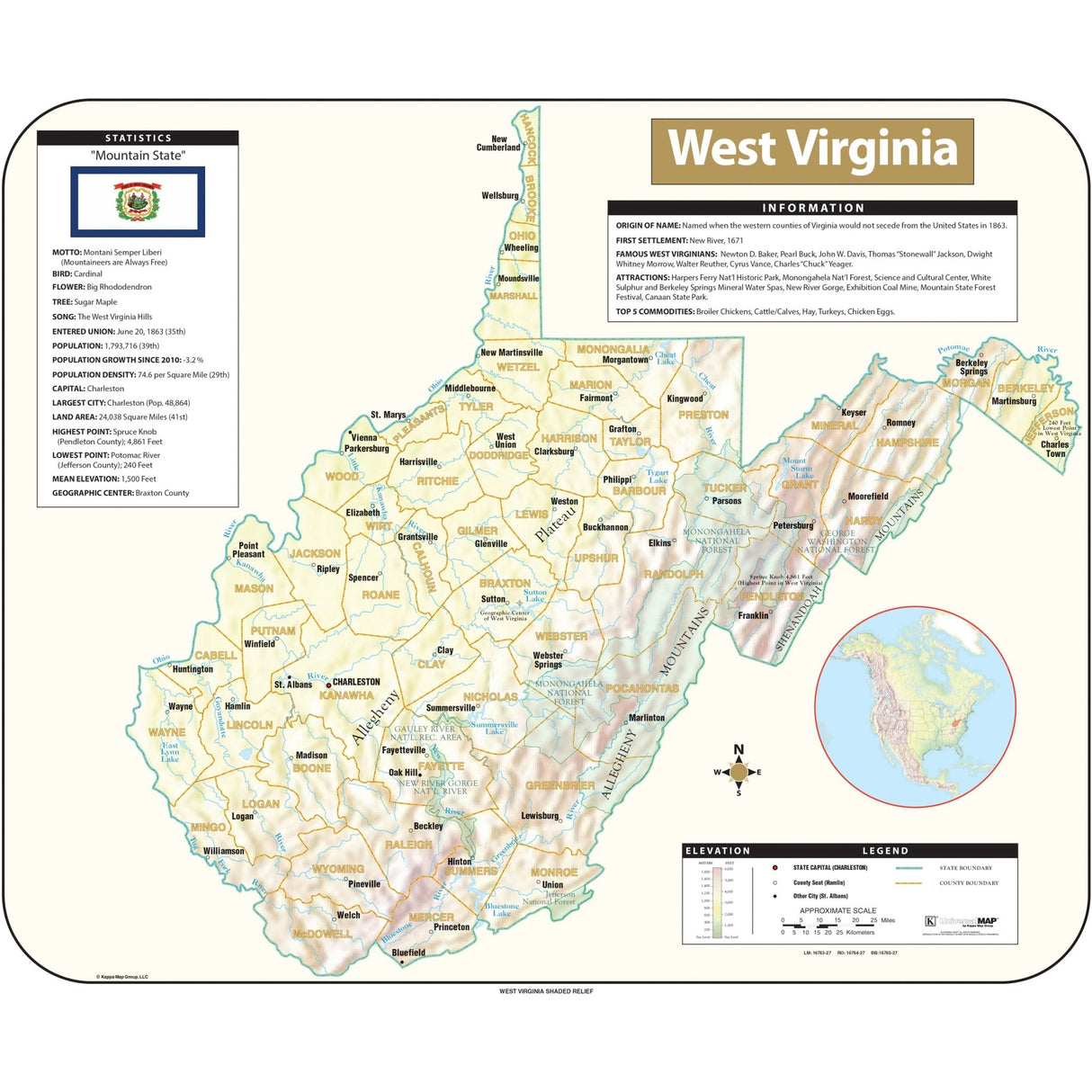 West Virginia Shaded Relief State Wall Map - KA-S-WV-SHR-38X31-PAPER - Ultimate Globes