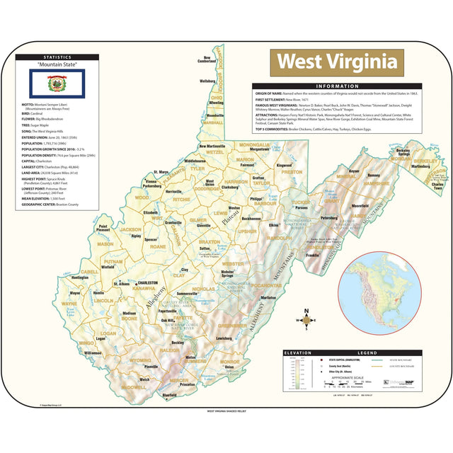 West Virginia Shaded Relief State Wall Map - KA-S-WV-SHR-38X31-PAPER - Ultimate Globes